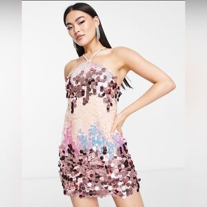 ASOS Pink and Silver Sequin Halter Mini Dress